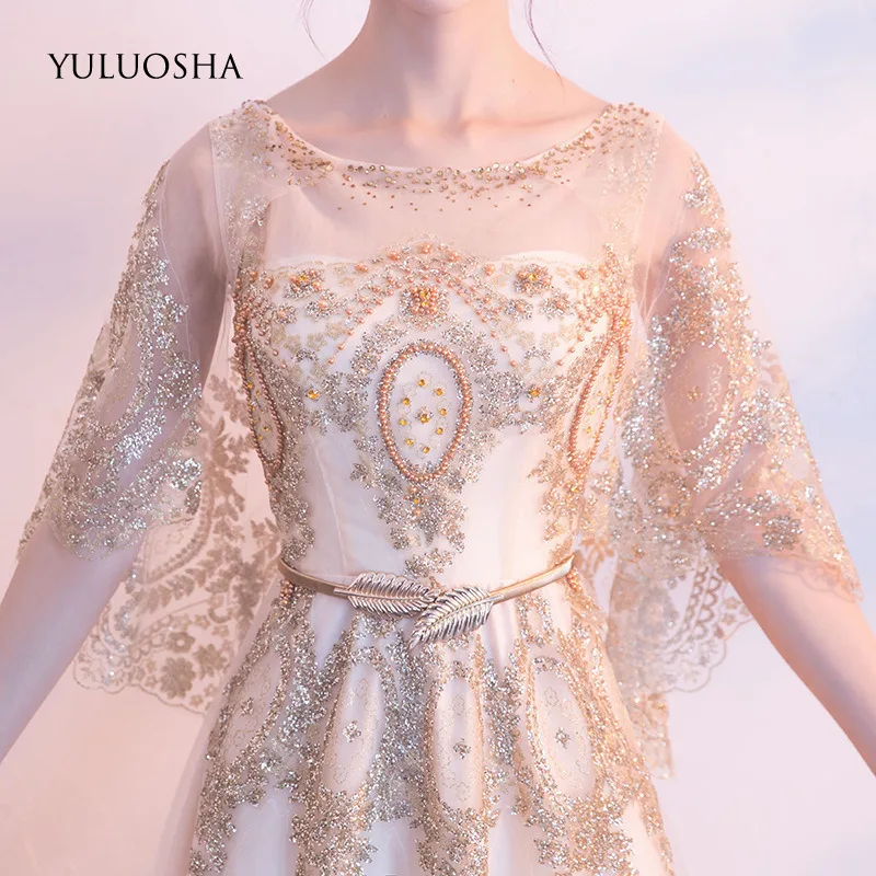 

YULUOSHA New Sexy Gown Appliques Sashes Sequined O-Neck Evening Dresses Long Vestido Largo Fiesta Noche Elegante Formal Dress