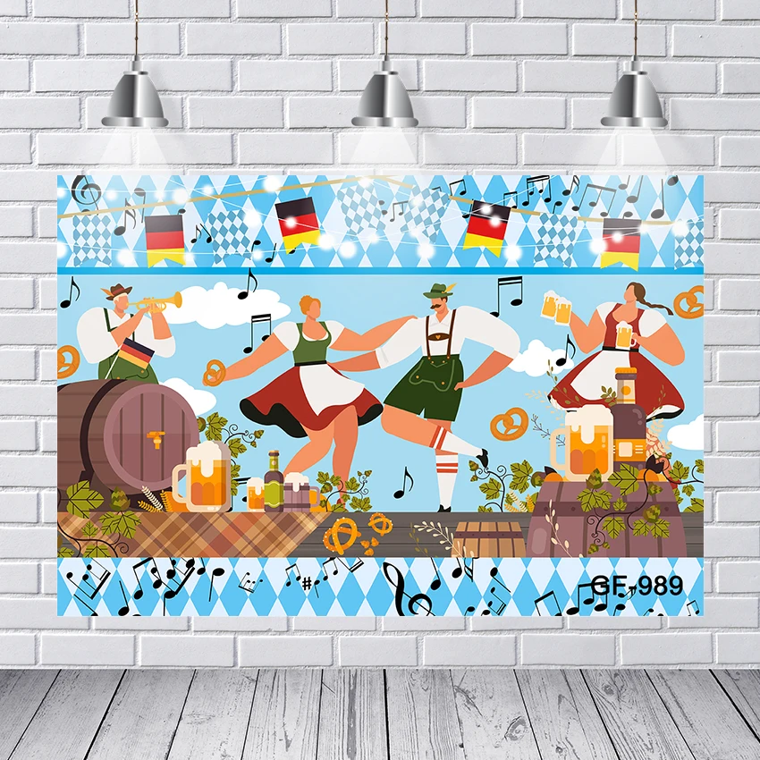 

Oktoberfest Dancing Party Backdrop Cheer Beers Barrel Germany Holiday Celebrate Decoration Cake Table Banner Birthday Background