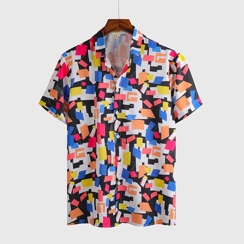 

Spring and summer men's geometric print short-sleeved shirt European/American vacation top Slim travel casual men's shirt