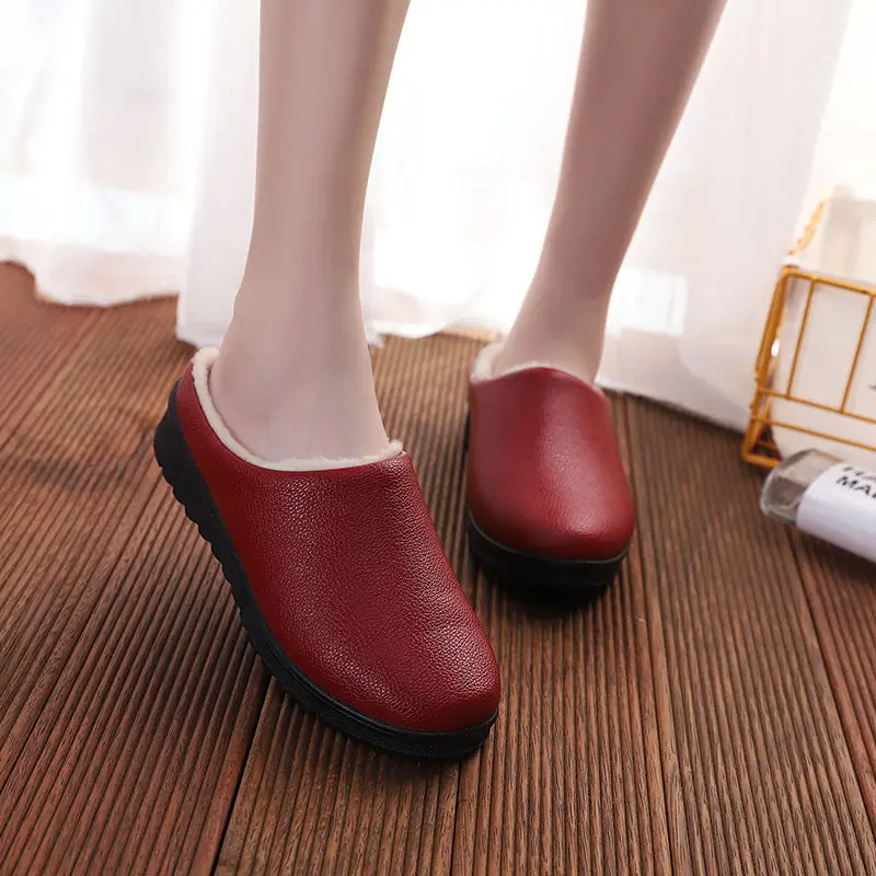 

Womens Shoes Winter Cotton Slippers PU Leather Fluffy Warm Waterproof Non-slip Comfortable Soft Sole Home Slip on Shoes Girls