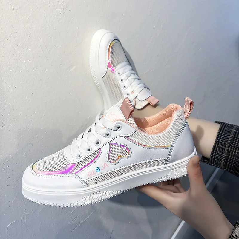 

Женские кроссовки в форме сердца, сетчатые дышащие, на шнуровке, блестящие, повседневная обувь на плоской платформе, 10000