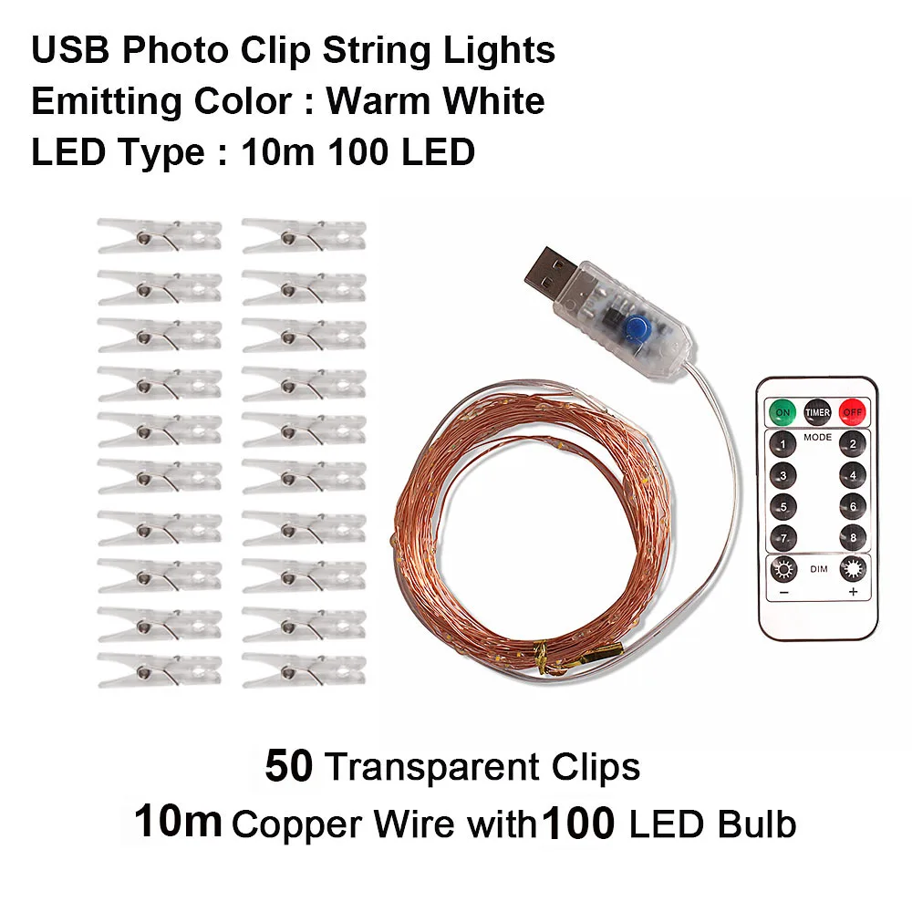 10m 100LED Герлянда для декора led string 2 м/5 м/10 м USB светодиодный гирлянда для использования вне помещения Рождественская медная проволочная Гирлянда для фото клип Декор гирлянды батарея Фея цепь лампы герлянда гирлянда на - Испускаемый цвет: 10m 100LED