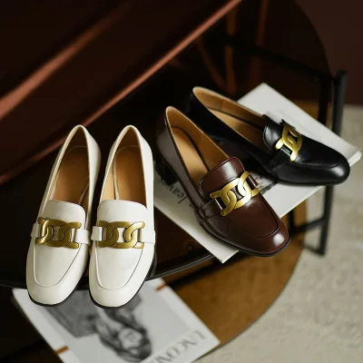 

Retro Square Toe Thick-heel Single Shoes Woman Genuine Leather British Style Fashion Mid-heel Slip-On Spring Autumn Shoes 2021