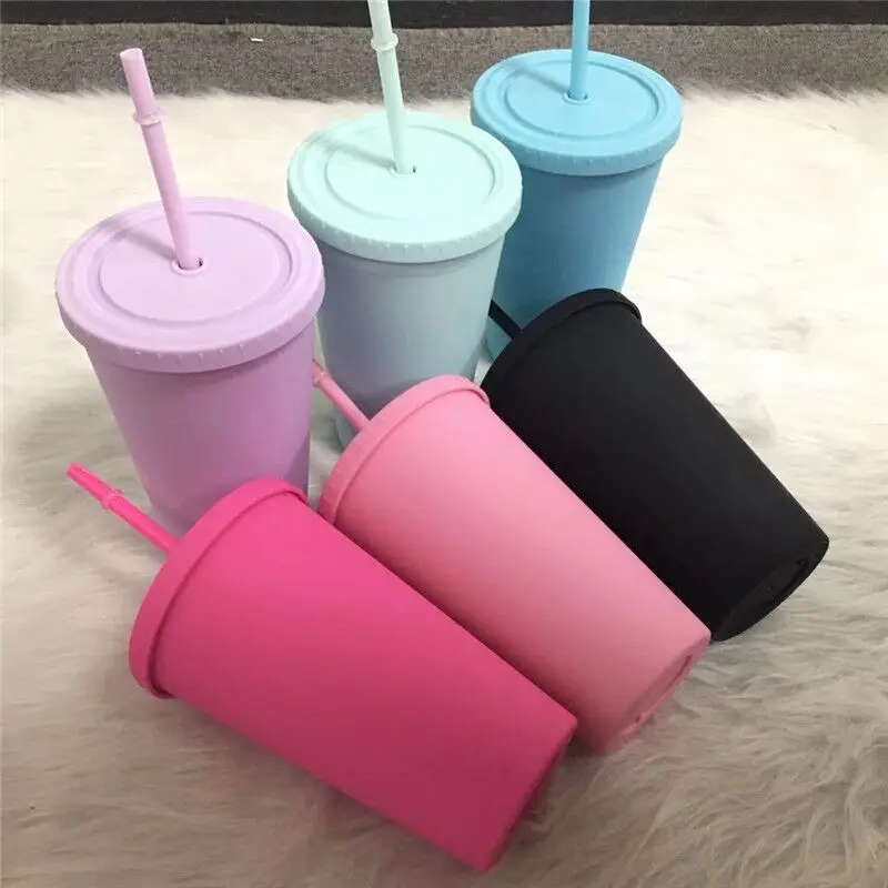 

New Fashion 16oz Macaron Acrylic Cone Tumbler Colorful Plastic Water Bottle With Lid Straw Double Wall Portable Cup For Gift