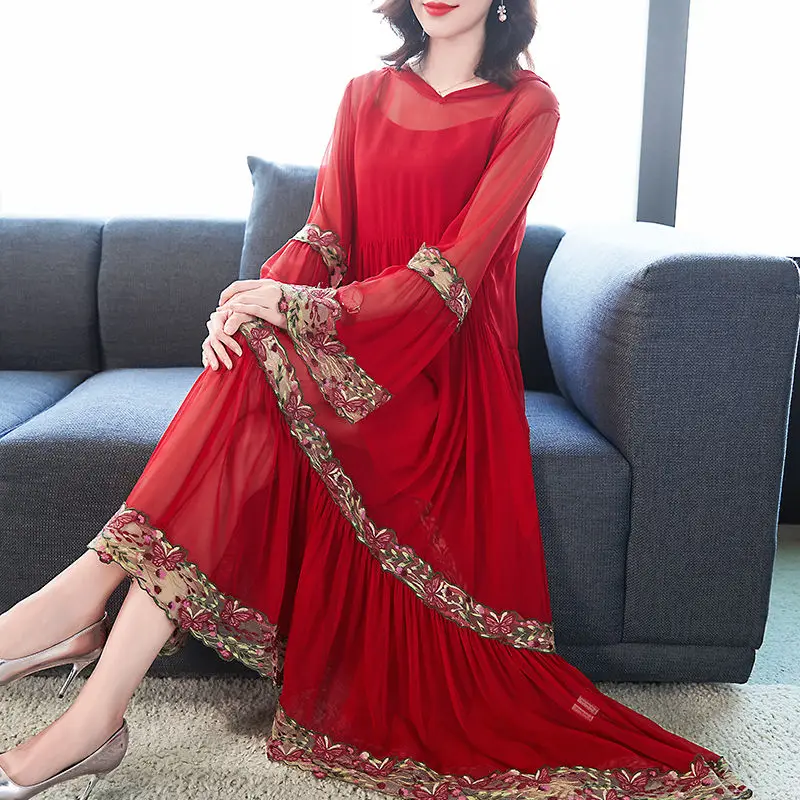 

Spring Summer National Style Chiffon Loose Large Size Loose Hooded Two-piece Women Dress 2021 Red Vintage Dresses Vestidos Y814