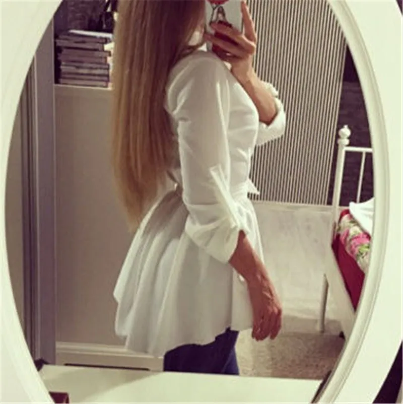 Женская туника с поясом Повседневная белая блузка длинным рукавом и баской