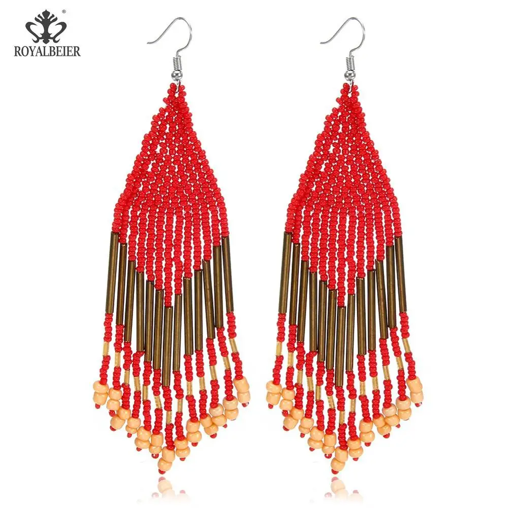 Bohemian earrings14 ROYALBEIER богемные длинные кисточки акриловые перо форма бисера Кулон Серьги Свадебная вечеринка очаровательные ювелирные изделия серьги - Окраска металла: Bohemian earrings14