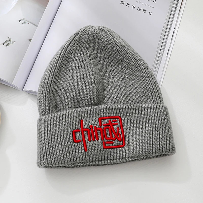 

New Embroidered Chinese Style Knitted Hat Outdoor Warm Comfortable Pure Color Wool Cap Simple Versatile Essential For Daily