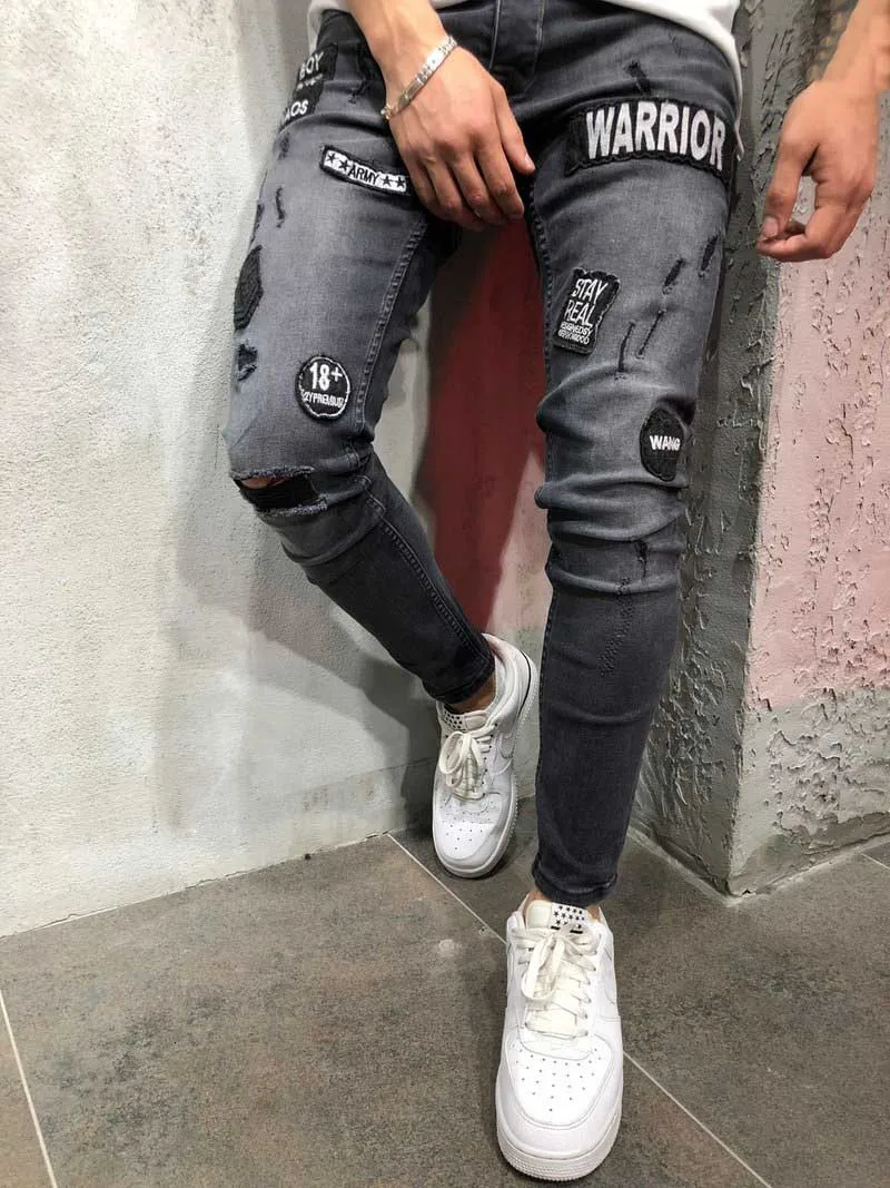 Men Gray Ripped Jeans Fashion Embroidery Applique Skinny Distressed Jeans Man Casual Letter Print Denim Pants