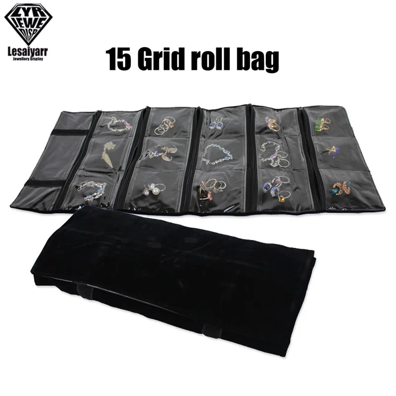 Fashion Black Velvet Zipper Jewelry Roll Bag for Jewellery Ring Earrings Organizer Storage Bag Portable Necklace Display Cases images - 6