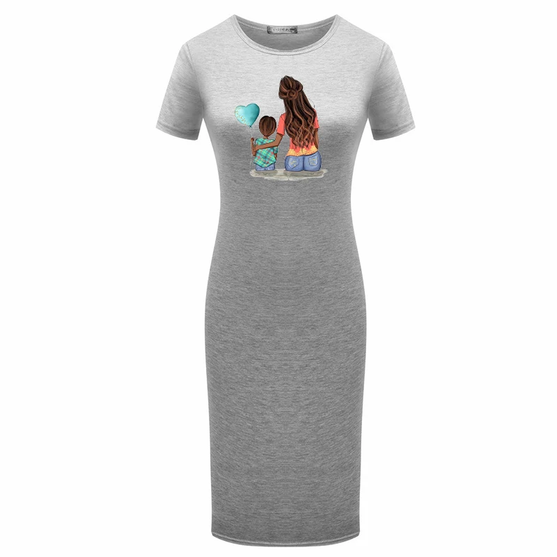 

2021 Plus Size Pencil Dress Women Slim Bodycon Dress Summer Mom&baby Print Short Sleeve Sexy Vintage Robes Femme Elegant Party