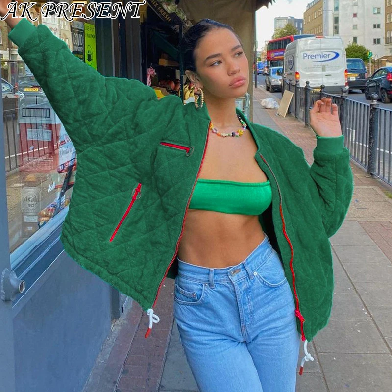 

Women's Winter Coat Round Collar Diamond Zip Baseball Shirt Streetwear Fashion Female Green Jacket 2021