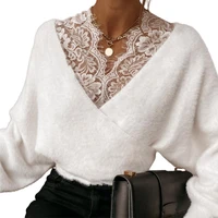 sexy women solid color lace patchwork v neck long sleeve plush blouse pullover women clothing %d0%b6%d0%b5%d0%bd%d1%81%d0%ba%d0%be%d0%b5 %d0%bf%d0%bb%d0%b0%d1%82%d1%8c%d0%b5