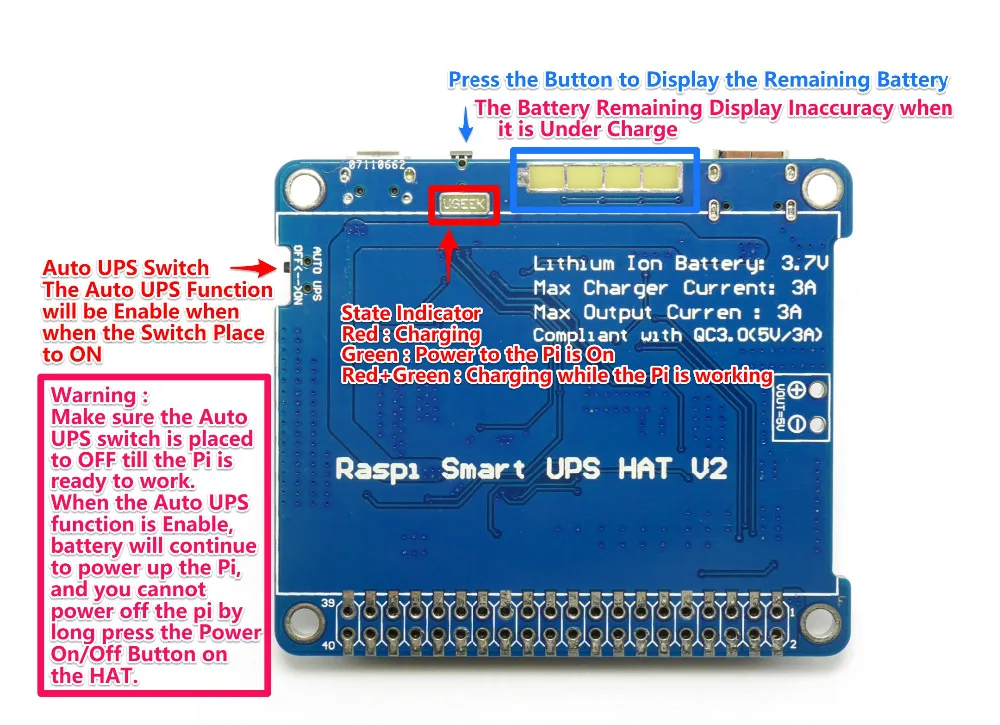 UGEEK UPS 2 шляпа с батареей для Raspberry 4B/3B+/3B | Поддержка 3A зарядного устройства/тока выход | совместимый с быстрой зарядкой QC3