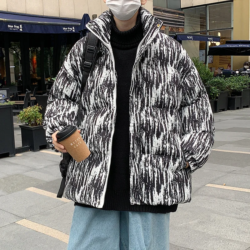 Men's Fashion Stand-up Collar Cotton-padded Jacket Thick Striped Tide Brand Ins Loose Bread Clothes Harajuku Winter Jacket Men