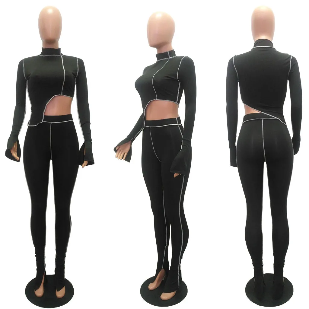 

Splid Color Patchwork Long Sleeves Crop Tops & Trousers Summer Women Suit European and American Hot Style Model Two Piece Set