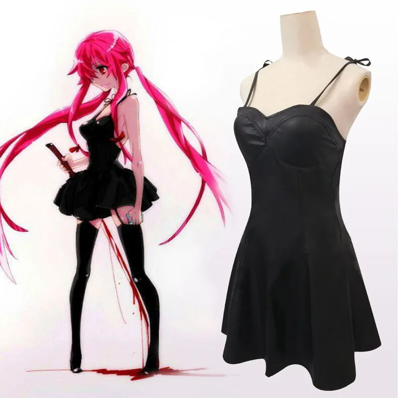 Anime Costume Future Diary Gasai Yuno Cosplay Dresses Women's Black Leather Skirt Yuno Gasai Dress Costumes Artificial Leather