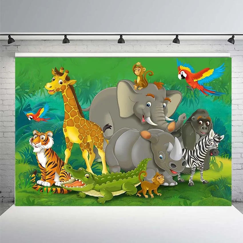 Фон для фотосъемки с изображением леса слона жирафа детского дня рождения