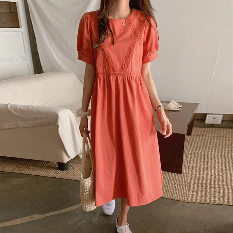 

2021 New Women's Summer Dress Puff Sleeve High Waist Vintage Patchwork Lace Korean Style Oversize Yellow Lady Long Dress