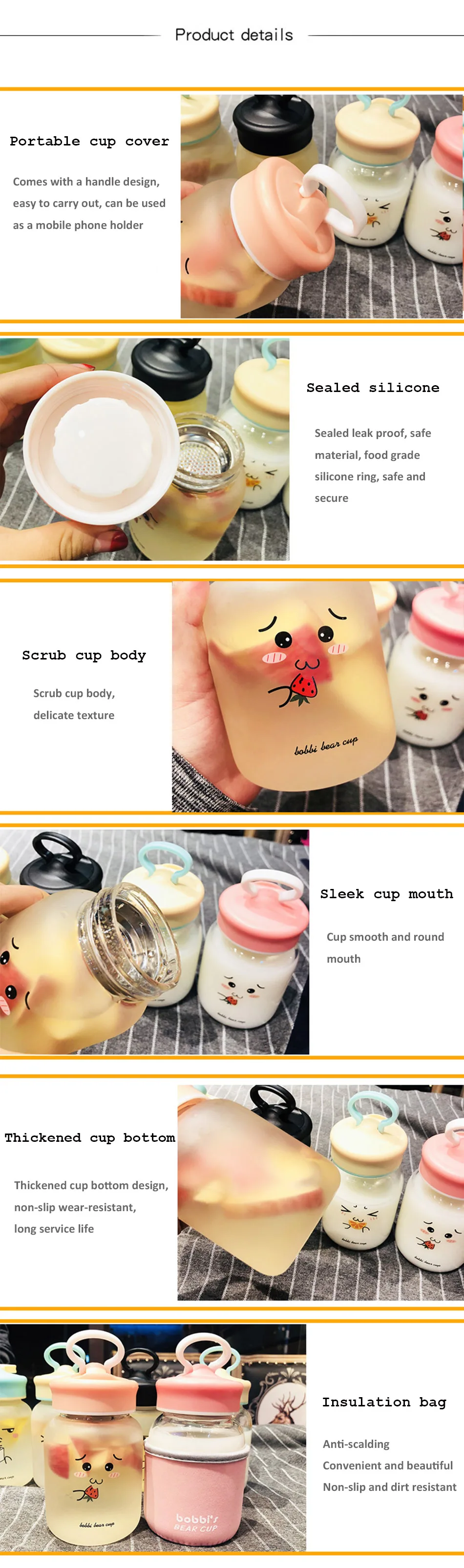 Kawaii стеклянная бутылка для воды, портативная чашка с милым медведем, чайное ситечко, герметичная Питьевая Бутылка для девочек, студентов, детей