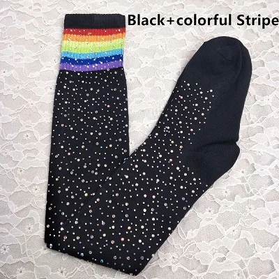 

Clearance Women Bling Solid Color Long Stockings Girls Harajuku Hiphop Striped Hold-Ups Street Skateboard Over-Knee Socks