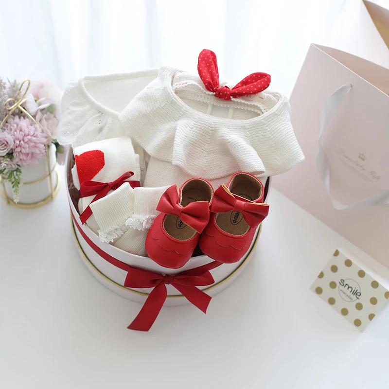 

1 set babygirl full month newborn Baby spring autumn one-piece clothes cotton knit pink birthday gifts babyshower gift box bag