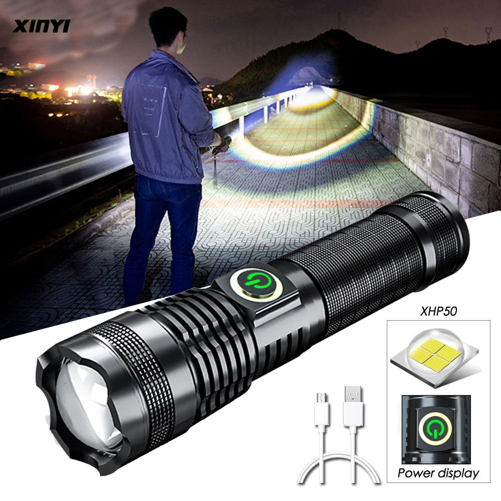 

80000 Lumens New XHP50 LED Flashlight Built-in Battery Torch USB Light Charging 5 Modes Flashlight With Zoomable Power Display