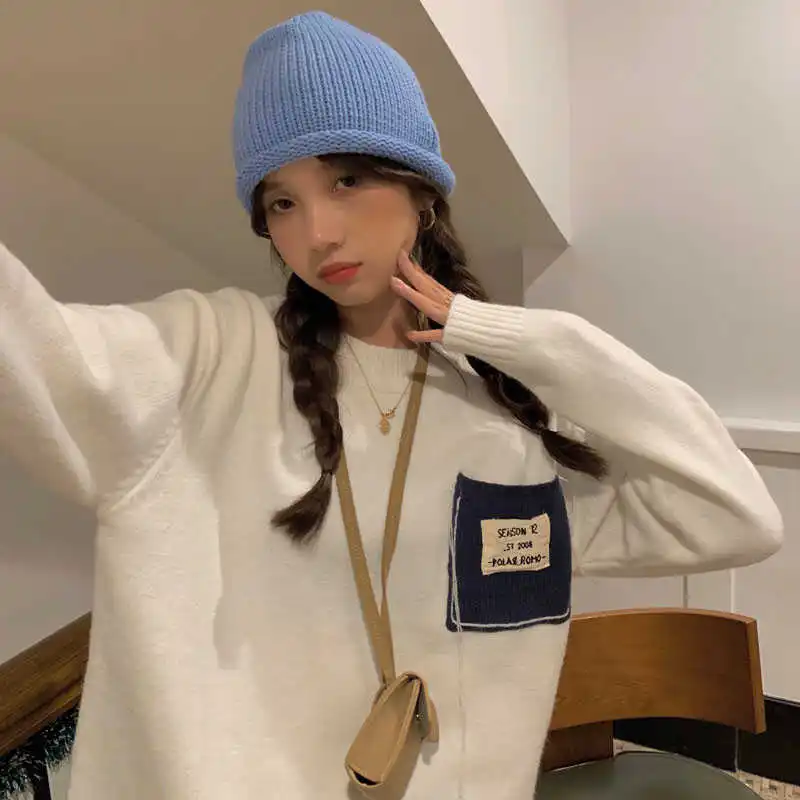 

Sweater Women Winter Loose Pullover Sweater Casual Pullover Sweet n Girl Cute Stitching Pocket Loose Sweater