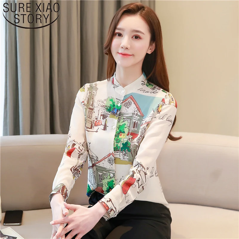 

2020 Spring Fashion OL Vertical Collar Lady Tops Long Sleeve Slim Printed Mulberry Silk Temperament Women Blouse Blusa 8115 50