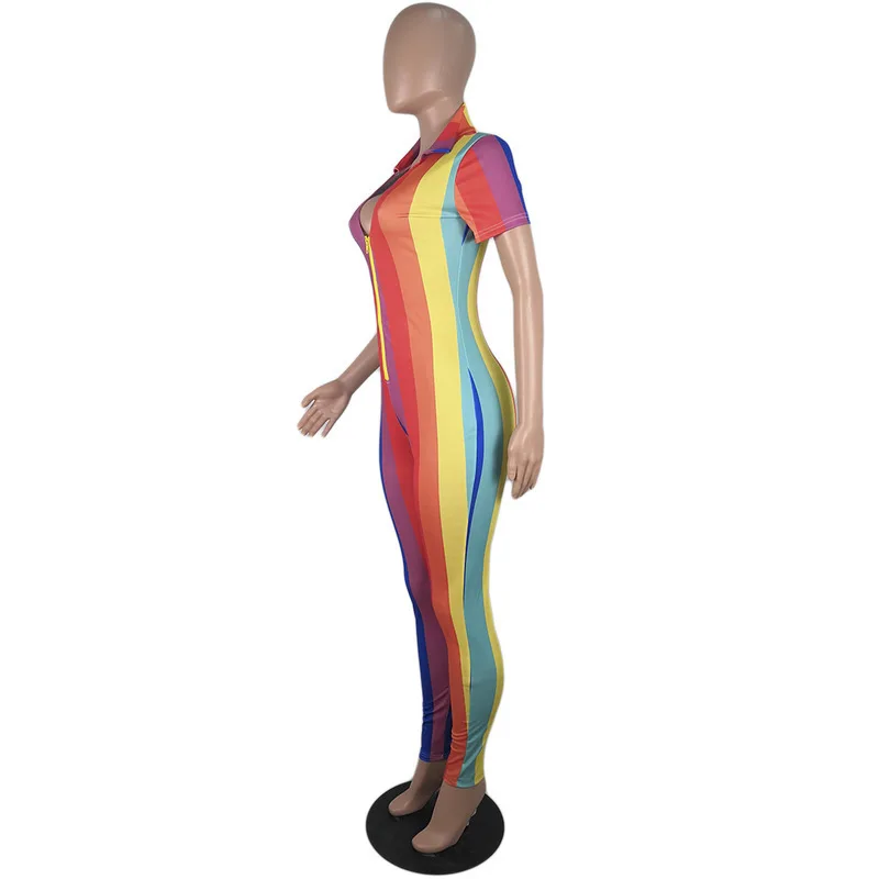Rainbow Striped Rompers Womens Jumpsuit Summer Front Zipper Short Sleeve Bodycon Overall Streetwear Deep V Neck Skinny Bodysuits