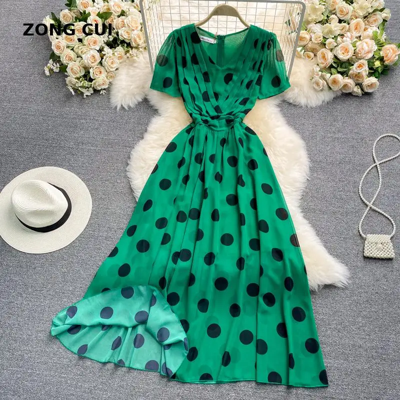 

Летний свободный Макси платье 2021 женские футболки с короткими рукавами и v-образной горловиной с высокой талией в горошек элегантные модель...