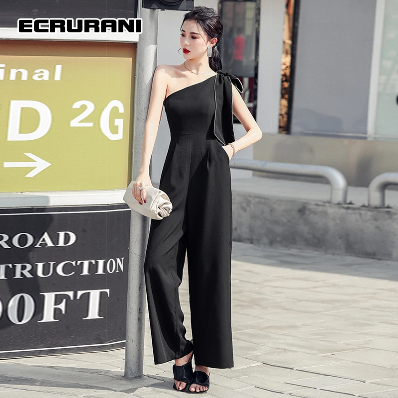 

ECRURANI Black Casual Patchwork Jumpsuit For Women Diagonal Collar Sleeveless High Waist Jumpsuits Females Summer 2021 New Style