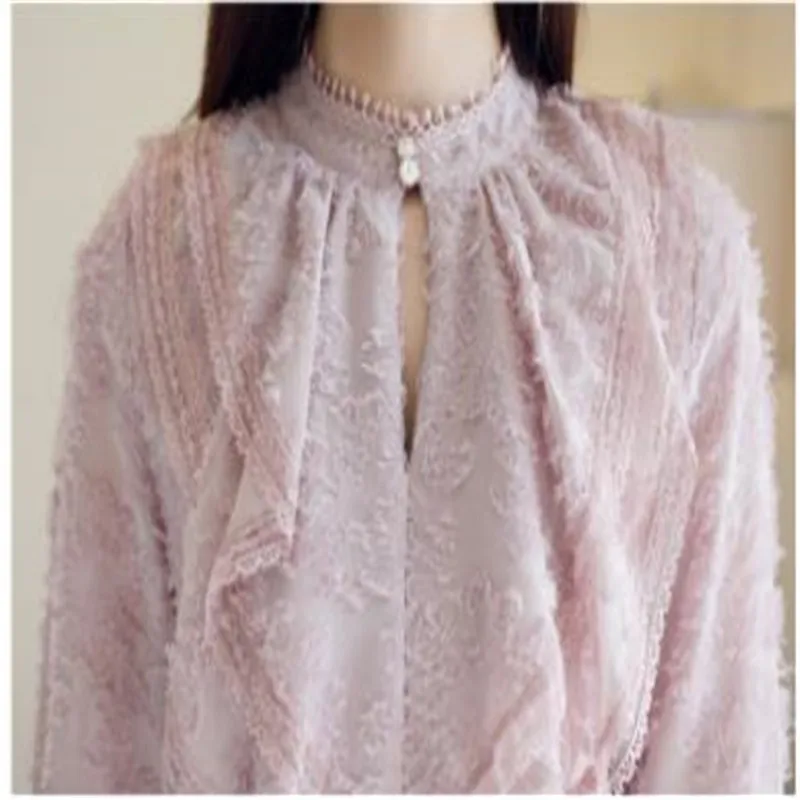 

High Quality Women Chiffon Blouse Spring Long Flare Sleeve Shirt Female Lace 2020 Sweet Short Women Tops Basic Office Lady M399