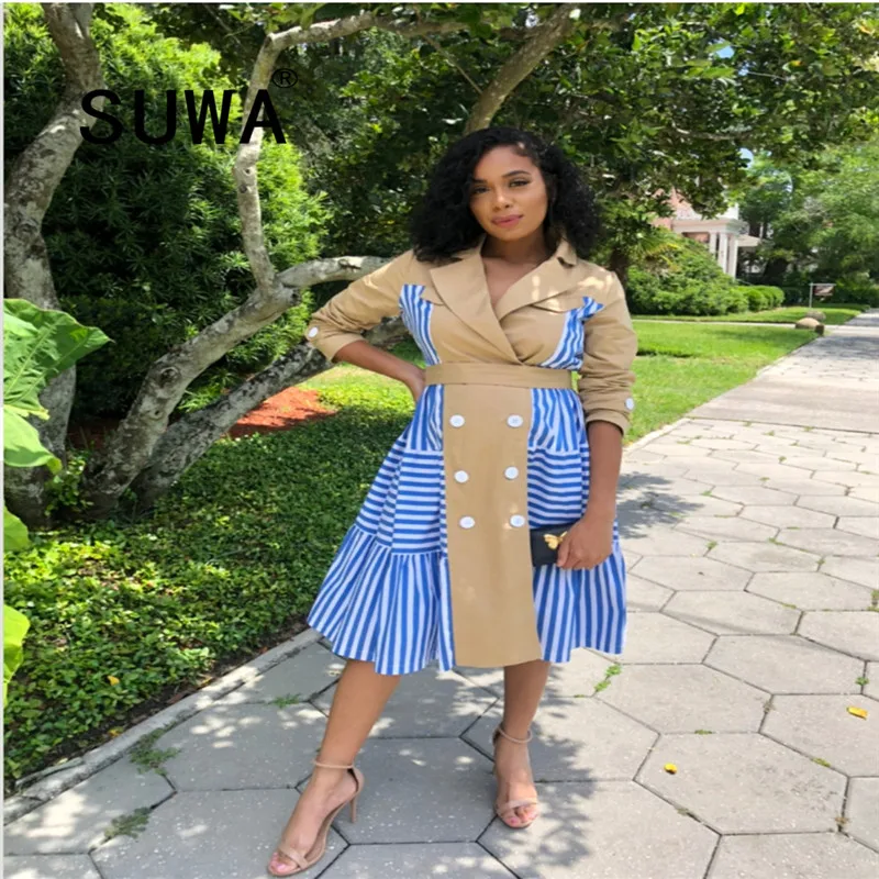 

Wholesale New Style Windbreaker Striped Stitching Contrast Shirt Dress Commuter Office Pleated Fashion Women Clothing