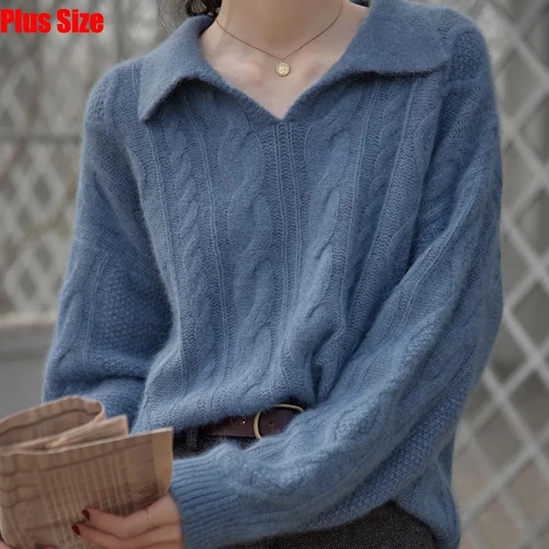 

Женский вязаный свитер с длинным рукавом, Повседневный пуловер большого размера 2XL с воротником-поло в винтажном стиле, 2022