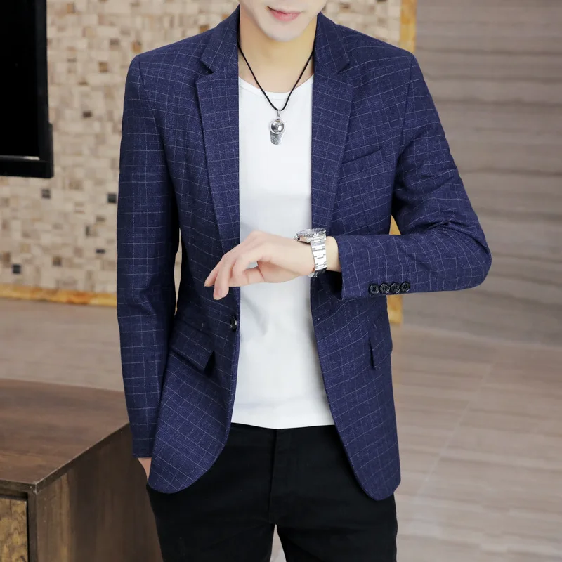 

HOO 2022 Men's New Trendy Slim-Fitting Cool blazer Youth Plaid Handsome Casual blazer