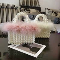 faux fur pearl handbag women new elegant hand woven bayberry shaped beaded ball shoulder bag female top handle evening bag