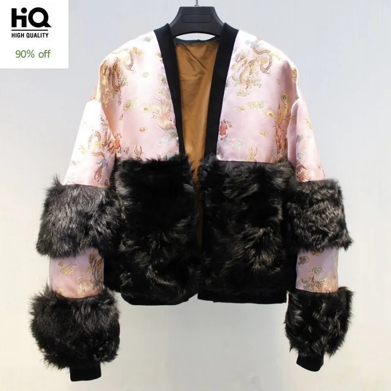 New Chinese Style Embroidery Printing Natural Sheep Shearing Real Lamb Fur Coats Women 2020 Fashion Autumn Winter Jackets Female | Женская