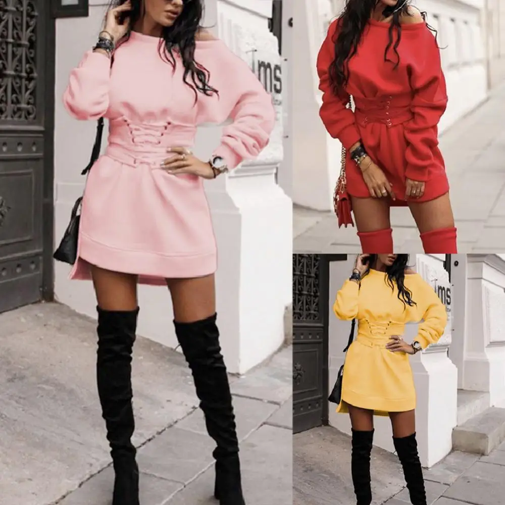 

Women Fashion Autumn Long Sleeve O Neck Waist Tight Bandage Sweatshirt Dress