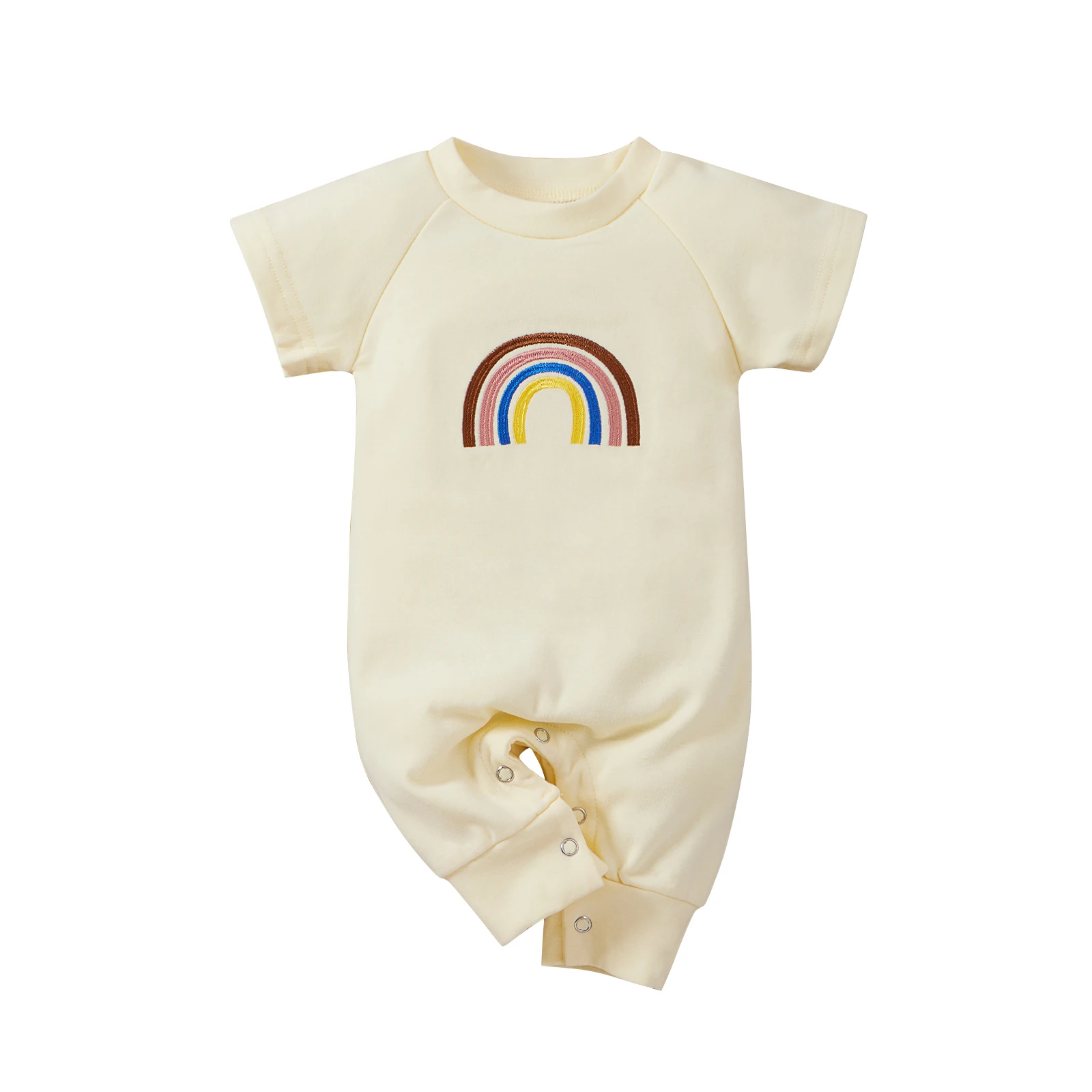 

Toddler Summer Jumpsuits, Rainbow Print O-Neck Short Sleeves Rompers for Baby Girls, 0-18 Months, Beige/Coffee