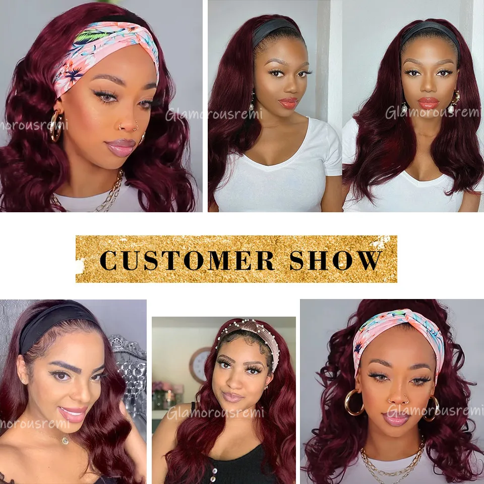 

Brazilian Body Wave Headband Scarf Wig Colored Human Hair Wig 99J Full Machine Made Headband Wigs For Women Density150 Remy Hair