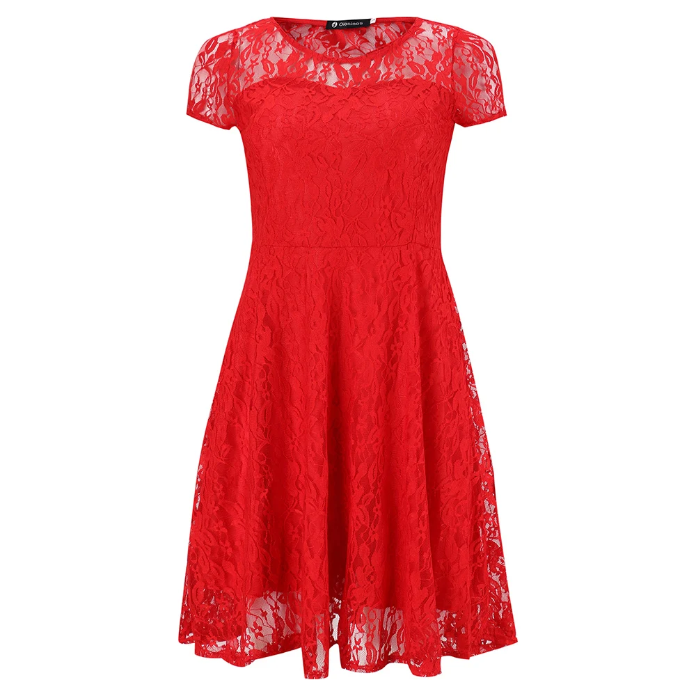

Fashion Round Neck Short Sleeve Lace Dress 2020 New European and American Dresses Office Lady Fit and Flare Short Knee-Length