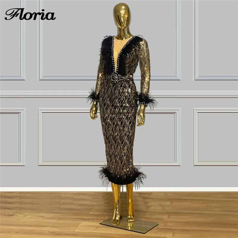 

Long Sleeves Feathers Evening Dresses Abendkleider Mermaid Arabic Ankle Length Prom Dress Girl Formal Gown Vestido De Festa 2020