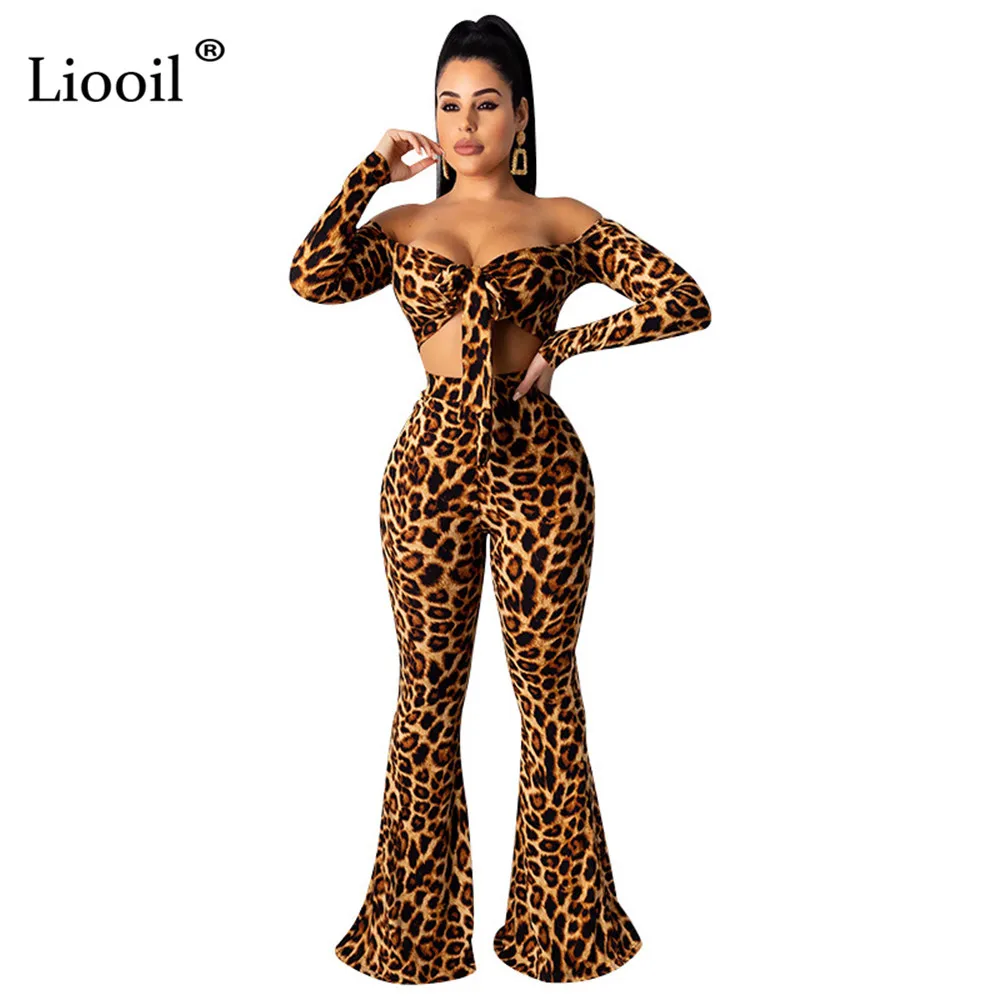 Liooil, Леопардовый принт, два предмета, вечерние, Клубные наряды для женщин, осень, длинный рукав, с открытыми плечами, сексуальный топ и расклешенные штаны, набор