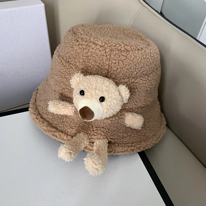 

Autumn and Winter Female Stall Plush Bear Fisherman Cute Winter Warm Western Style Wild Basin Bucket Hats Skullies