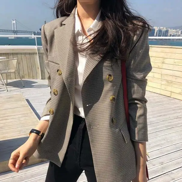 Классический двубортный женский пиджак в клетку блейзер с зубчатым воротником