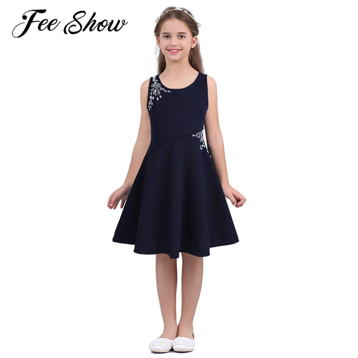 

Kids Girls Sleeveless A-line Dazzling Rhinestones Embellished Dress for Party Casual Birthday Dress Summer Children's Clothes