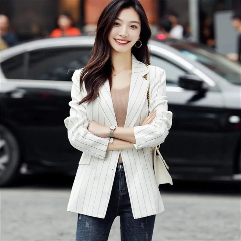 Женский полосатый свободный костюм с длинным рукавом Корейская куртка Новинка