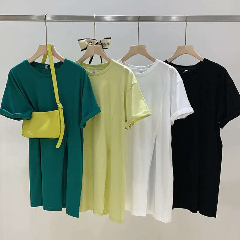 

Fashion slit design short-sleeved T-shirt female summer Korean version 2021 new round neck lazy t short-sleeved T-shirt female