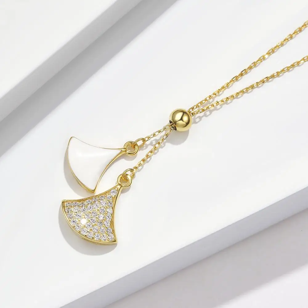 

LEKANI 925 Sterling Silver Women Necklaces Unique Double Fan-Shaped Design Zircon CZ Pendant Chain Necklace Fine Jewelry Gift